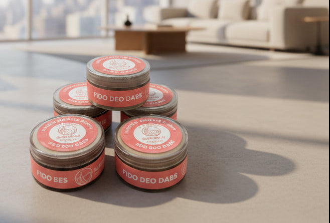 Jars of Fido Deo Dabs on a wooden surface